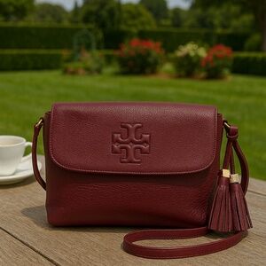 NEW Tory Burch Cabernet Red Pebbled Leather Thea Messenger Bag/Crossbody Bag